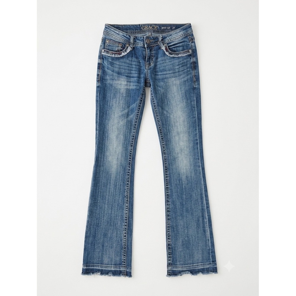 Grace in LA Womens Bootcut Jeans Embroidered Flap Pocket Blue Denim Size 27